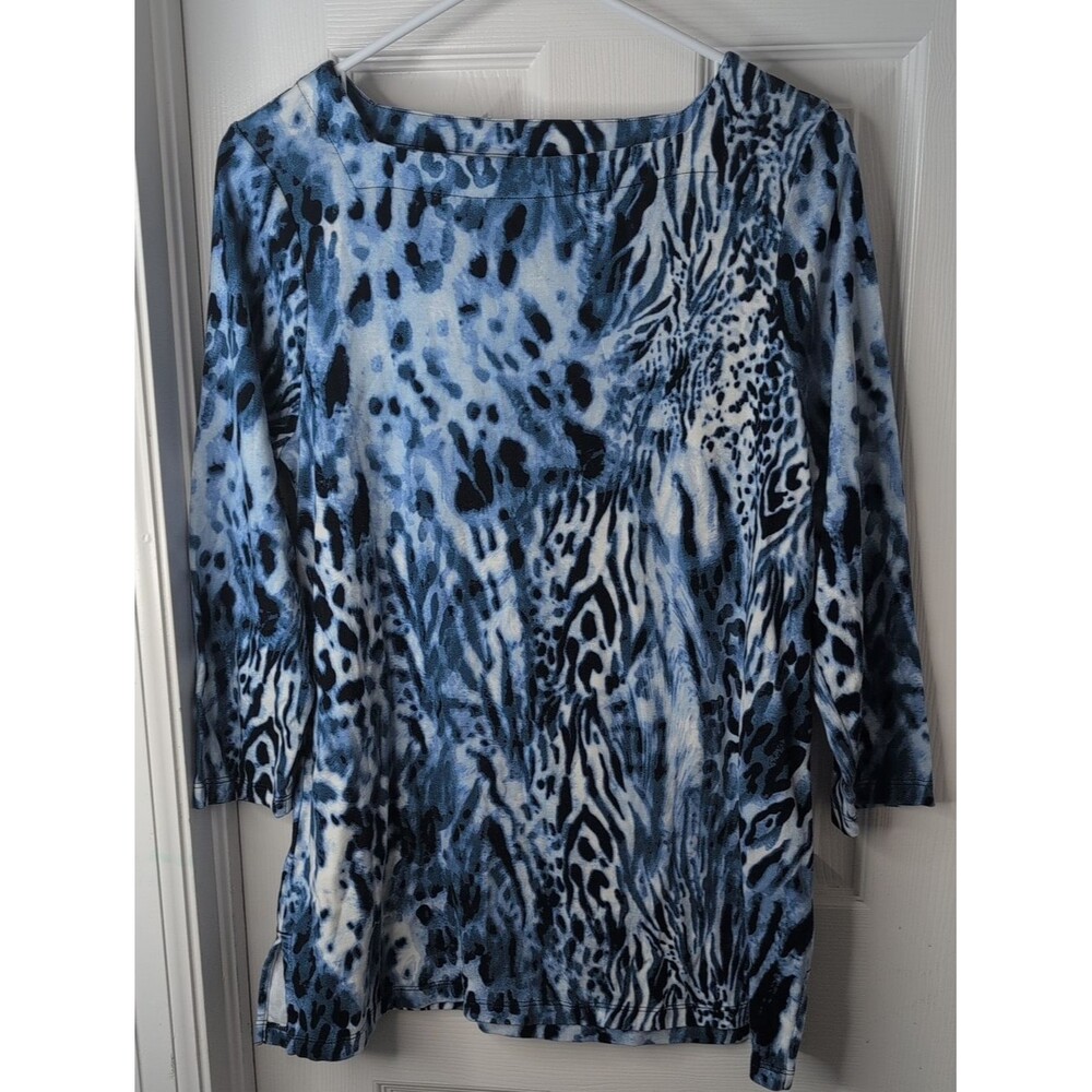 Chico's 100% Pima Cotton Blue & White Animal-Print Long Sleeve Top Size M